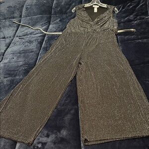 Elegant Black and Silver Striped Women's Jumpsuit Plus 3X Stretch
